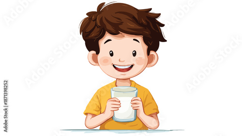 Cute Cartoon Boy Drinking Milk in a Glass Vector Illustration with Outline Isolated on White Background