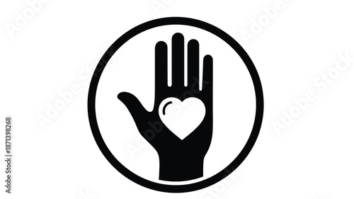 A black silhouette of a hand holding a white heart within a circular frame