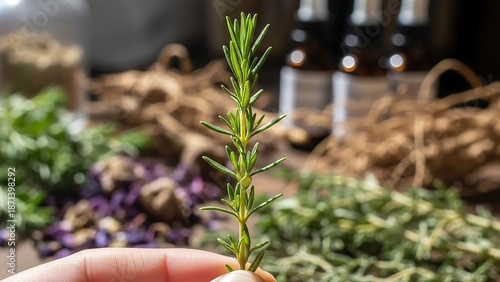 Hand holding small green plant sprig.