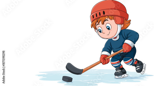 Cartoon Boy Playing Hockey Vector with Outline Isolated on White Background