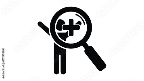 Black and white illustration of a magnifying glass inspecting a medical cross symbol