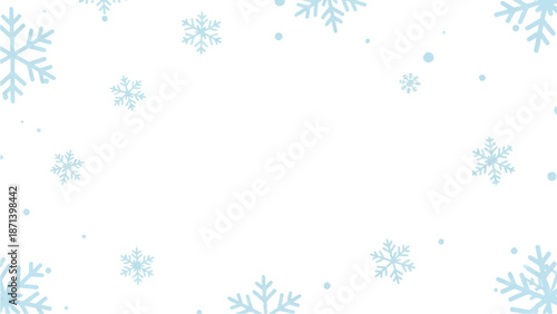 Snowflakes falling gently around a white background in a serene winter scene from a direct viewpoint