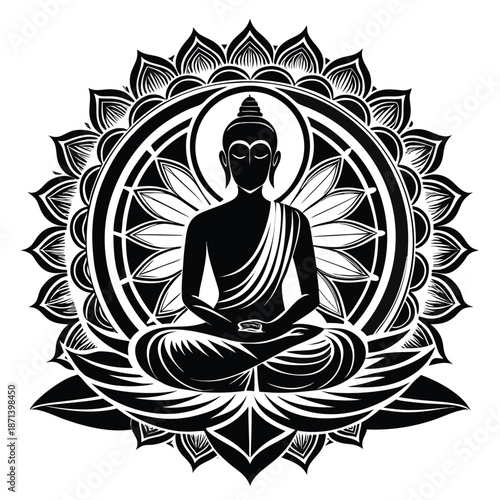 a striking black and white silhouette depicting a buddha meditating in lotus position surrounded by intricate mandala design