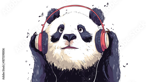 Cute Funny Panda Listening to Music Cartoon Vector with Outline
