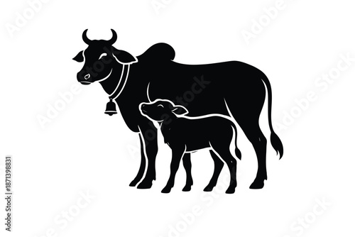 A cow and its calf standing together in a serene landscape, captured in a simple illustration