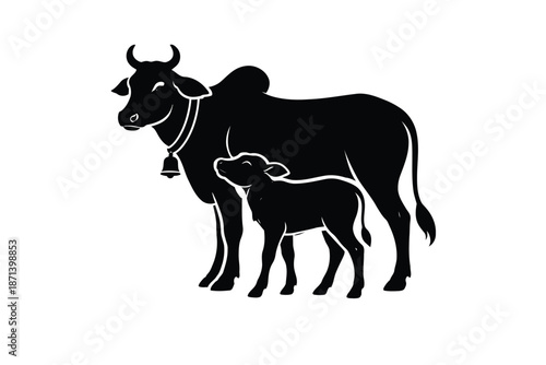 Illustration of cow and calf standing together in a simple graphic style