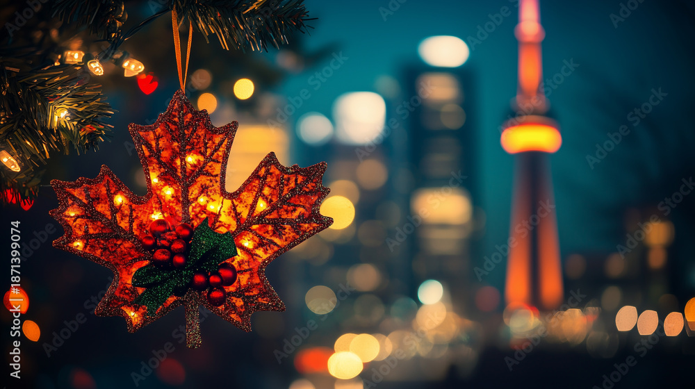 Naklejka premium Brightly lit maple leaf ornament shines in front of Toronto skyline during holiday season celebration at night with glowing lights and apple decorations on a winter night