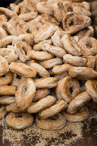 Bunch of freshly made sesame seeds bagels