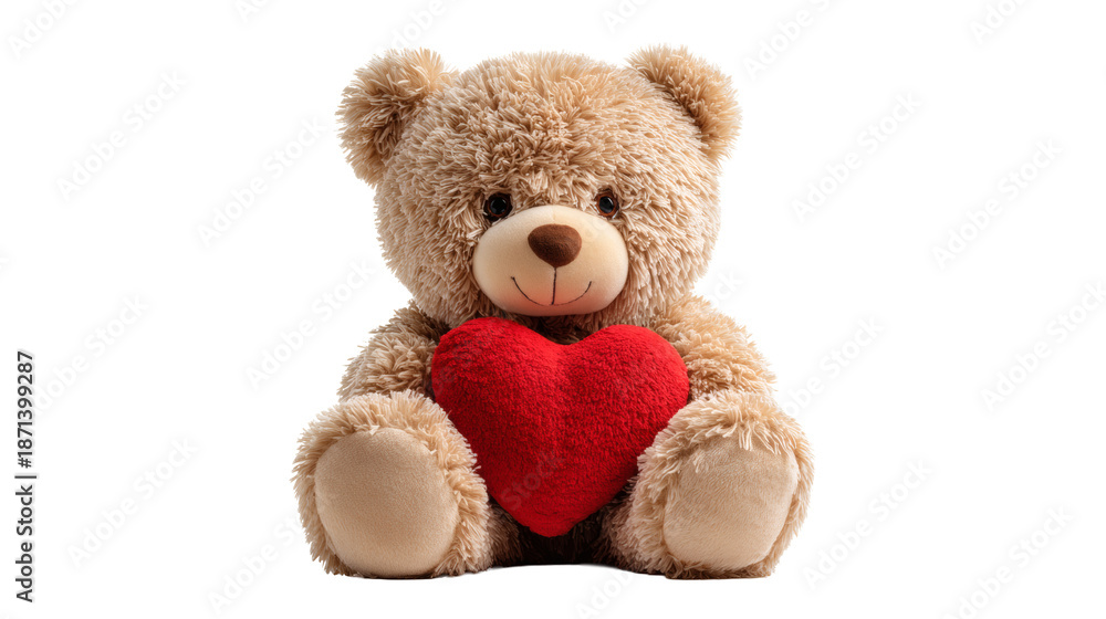 Obraz premium Valentine’s Day teddy bear holding a heart, cute gift concept, isolated on a white background