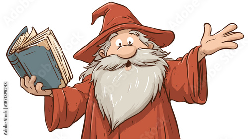 Enchanting Cartoon Old Wizard Holding Book Vector Isolated Outline Illustration