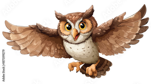 Cute Cartoon Owl Flying Vector with Outline Isolated on White Background