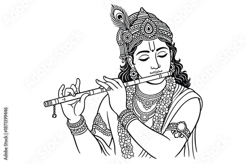 Serene illustration of a person playing the flute with intricate jewelry and traditional attire from a close-up viewpoint