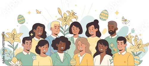 Diverse group of people celebrating together surrounded by flowers and Easter eggs in a joyful illustration