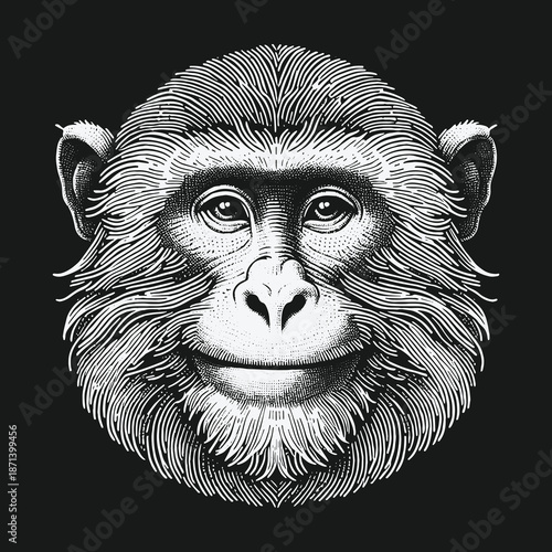 Detailed Engraving of a Smiling Monkey Face on Dark Background.