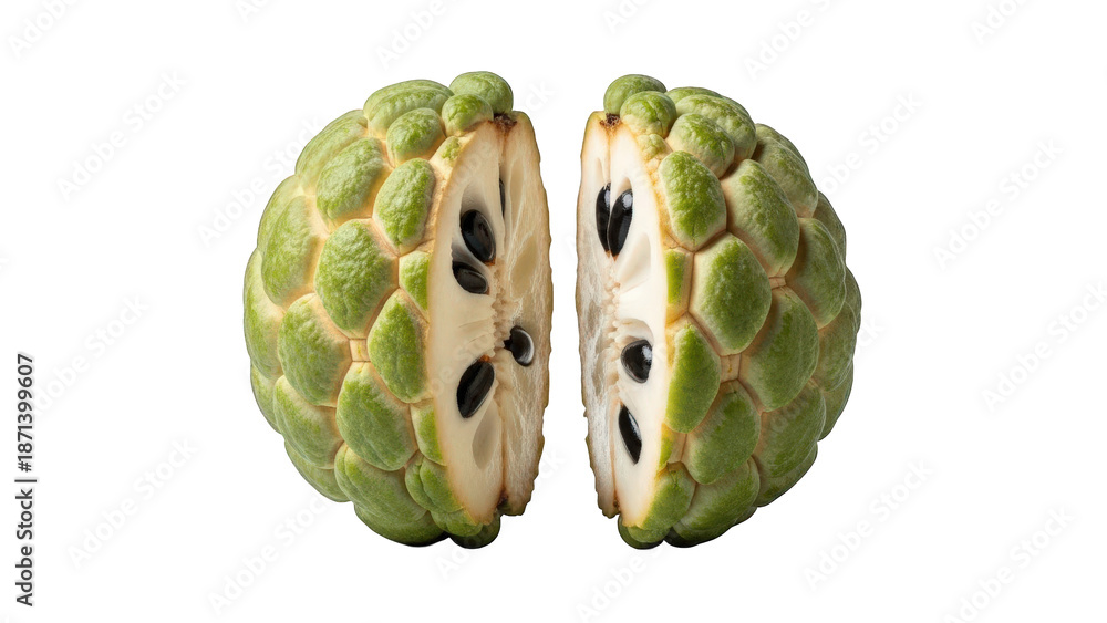 Obraz premium Custard Apple Fruit Cut in Half Revealing White Flesh and Black Seeds cherimoya halved
