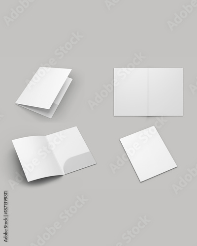 Empty blank cardboard paper open folder with letterheads inside. Front cover and opened with paper inside. Mock up isolated on a white background. 3d rendering.vertical portrait orientation