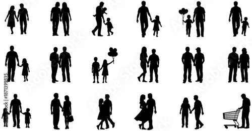 Collection of Black Silhouette Family Icons Showing Parents Children and Couples Walking Holding Hands and Shopping Isolated on White Background