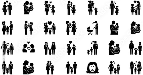 Mega Set of Family Icons Representing Diverse Relationships Parents Children Babies and Couples in Black Silhouette Style Isolated on White Background