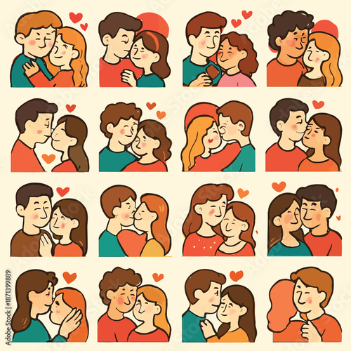 Illustration of various couples sharing tender moments and displays of affection in different settings and environments