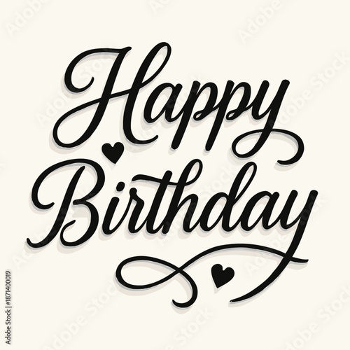 Elegant Happy Birthday illustration with hearts and swirls on a clean background