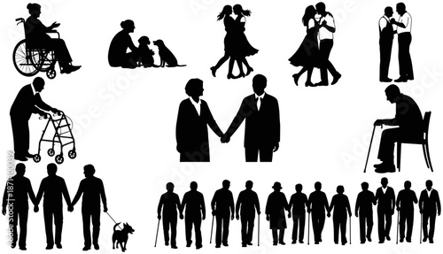 Set of Black Silhouette Icons Representing Elderly Care, People with Disabilities, Nursing Support, Social Inclusion, Human Relationships, and Physical Rehabilitation Services.