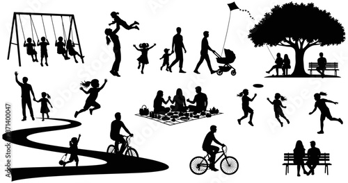 Set of Black Silhouette Icons Representing Diverse Family Outdoor Activities, Park Recreation, Children Playing, Cycling, Picnic, and Healthy Community Lifestyle Scenes.