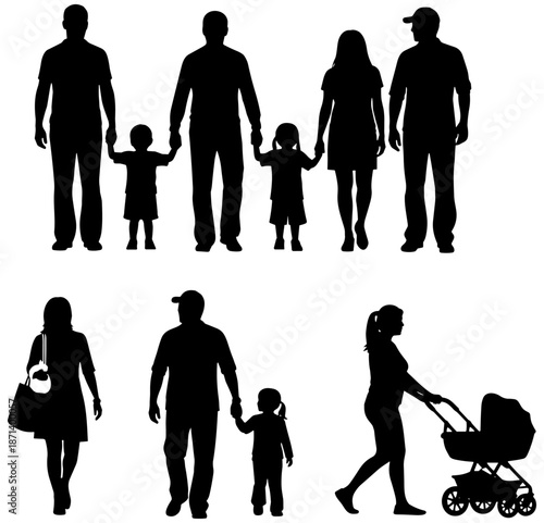 Large Set of Black Silhouette Icons Representing Diverse Happy Families, Parents Walking With Children, Mothers Pushing Strollers, and Family Bonding Activities.