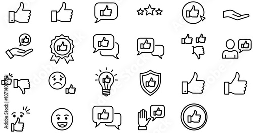 Set of Minimalist Line Icons Representing Customer Feedback, Social Media Satisfaction, Positive Reviews, Quality Rating Stars, User Experience, and Online Reputation Management.