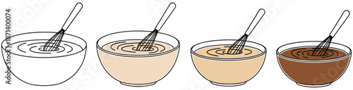 Set of Vector Illustrations Showing Stages of Mixing Batter in a Bowl With a Whisk for Baking and Cooking Recipes.