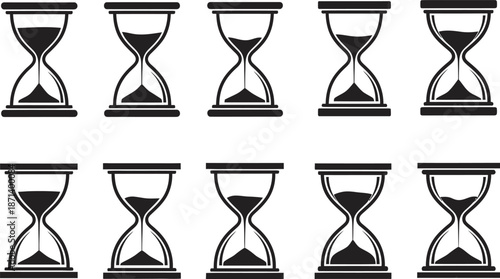 A collection of twelve hourglasses in various states of sand flow on a plain white background