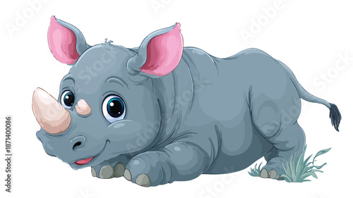 Adorable Baby Rhino Cartoon Illustration on White Background with Outline