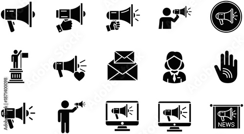 Set of Black Vector Icons Representing Digital Marketing Announcements, Public Relations, Megaphone Bullhorn Communication, Media News Broadcasting, and Corporate Advertising Strategies.