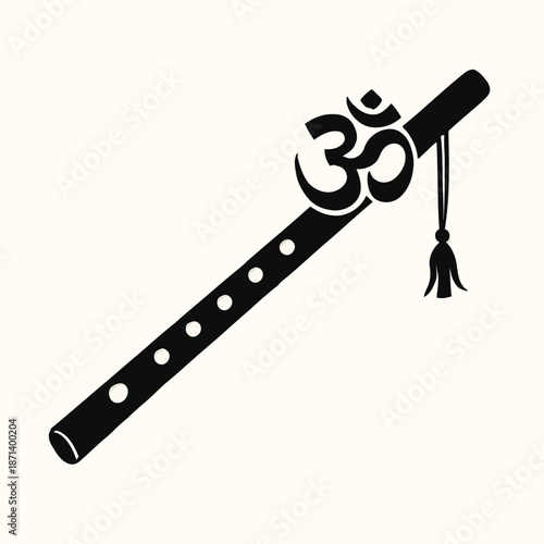 An illustration of a flute adorned with an 'om' symbol and tassel, representing spirituality and cultural heritage.