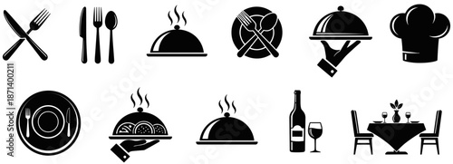 Set of Black Vector Icons Representing Professional Restaurant Dining Service, Culinary Catering Equipment, Chef Hat, Food Platters, and Fine Table Settings.