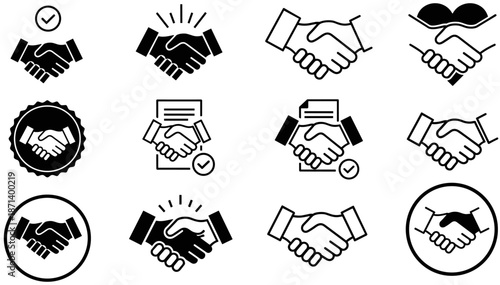 Set of Black and Line Vector Icons Representing Professional Handshakes, Business Partnerships, Successful Agreements, Corporate Trust, Collaboration, and Legal Contract Signing.