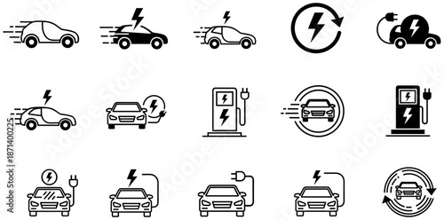 Large Set of Black Vector Icons Representing Electric Vehicle Technology, Sustainable Transportation, EV Charging Stations, Eco Friendly Driving, and Renewable Energy Mobility.