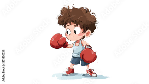 Playful Cartoon of Cute Boy Boxing on White Background Vector Illustration