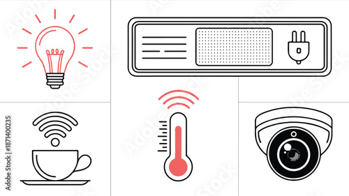 Smart home technology icons including light bulb and security camera