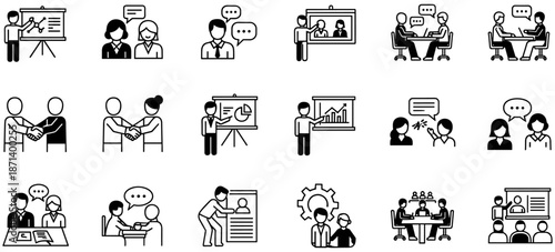 Set of Black Vector Line Icons Representing Professional Business Meetings, Team Collaboration, Corporate Training, Mentorship, Strategic Presentations, and Office Workplace Communication.