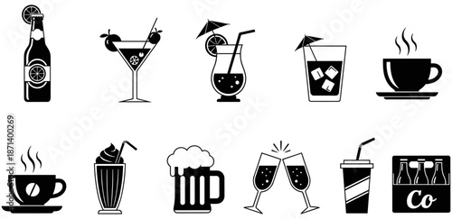Set of Black Vector Icons Representing Various Drinks Including Coffee Cups, Beer Mugs, Cocktail Glasses, Soda Bottles, Wine Toasting, and Cold Refreshments.