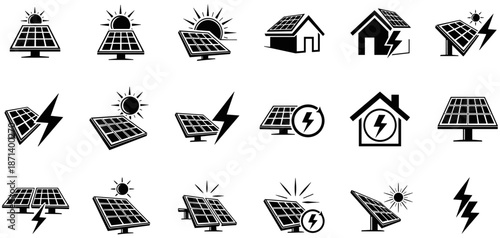 Set of Black Vector Icons Representing Solar Panel Energy Systems, Sustainable Power Generation, Renewable Green Technology, Solar Home Solutions, and Electricity.