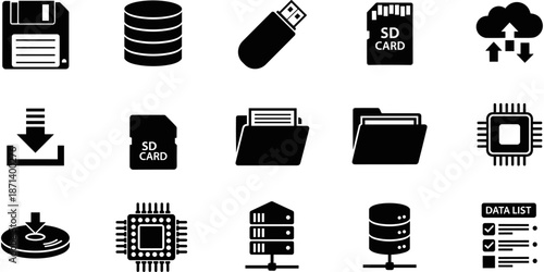 Set of Black Vector Icons Representing Digital Data Storage, Computing Hardware, Cloud Computing, Database Servers, Memory Cards, and Information Technology Infrastructure.