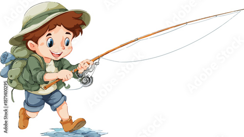 Adorable Cartoon Boy Fishing on White Background Vector Illustration
