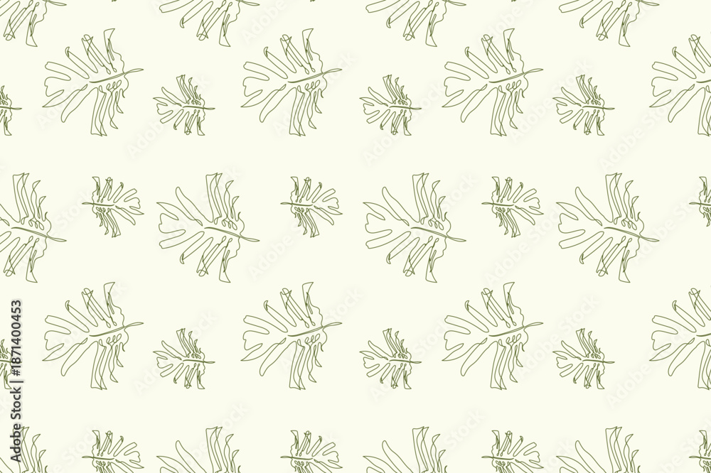 Fototapeta premium Monstera Leaf Line Art Pattern on Cream Background