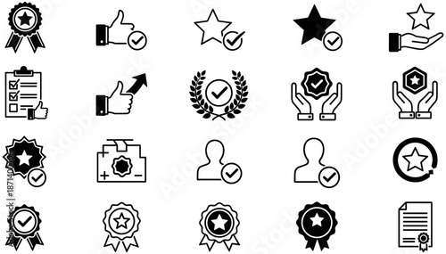 Large Set of Black Vector Icons Representing Quality Assurance, Excellence Awards, Customer Satisfaction, Business Approval, Certification Seals, and Successful Achievement Concepts.