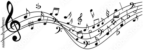 Artistic Musical Notation Design Featuring Wavy Pentagram Staff Lines with Black Clefs and Notes for Classical Music Composition and Sound Concepts.