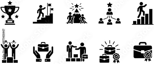 Comprehensive Collection of Business Success Icons Featuring Achievement Trophies Career Growth Ladders Leadership Symbols and Professional Development Graphics Isolated on White Background