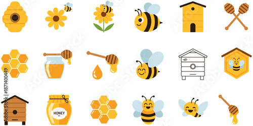 Comprehensive Collection of Bee and Honey Icons Featuring Beehives Honeycomb Jars Dippers and Cute Flying Bees Isolated on White Background