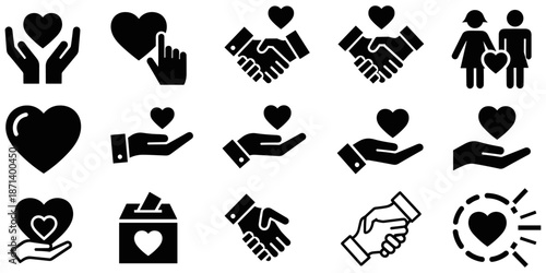 Comprehensive Collection of Charity and Love Icons Featuring Heart Symbols Handshakes and Donation Graphics Isolated on Plain White Background Vector