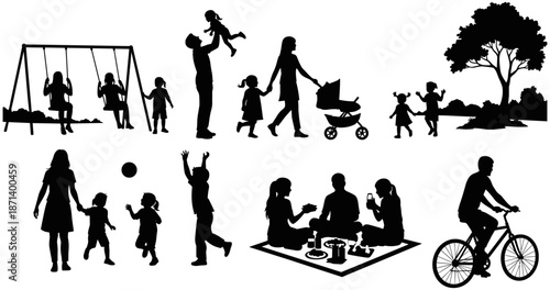 Black Silhouette Set of Families Enjoying Outdoor Activities Like Playing on Swings Having Picnics and Riding Bicycles in Public Park